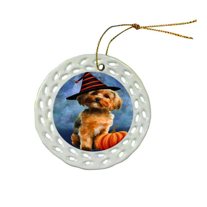 Happy Halloween Yorkshire Terrier Dog Wearing Witch Hat with Pumpkin Star Porcelain Ornament SPOR54941