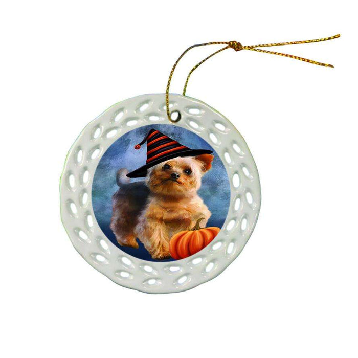 Happy Halloween Yorkshire Terrier Dog Wearing Witch Hat with Pumpkin Star Porcelain Ornament SPOR54942