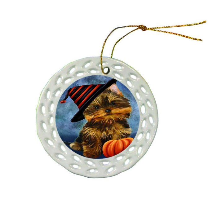 Happy Halloween Yorkshire Terrier Dog Wearing Witch Hat with Pumpkin Star Porcelain Ornament SPOR54943