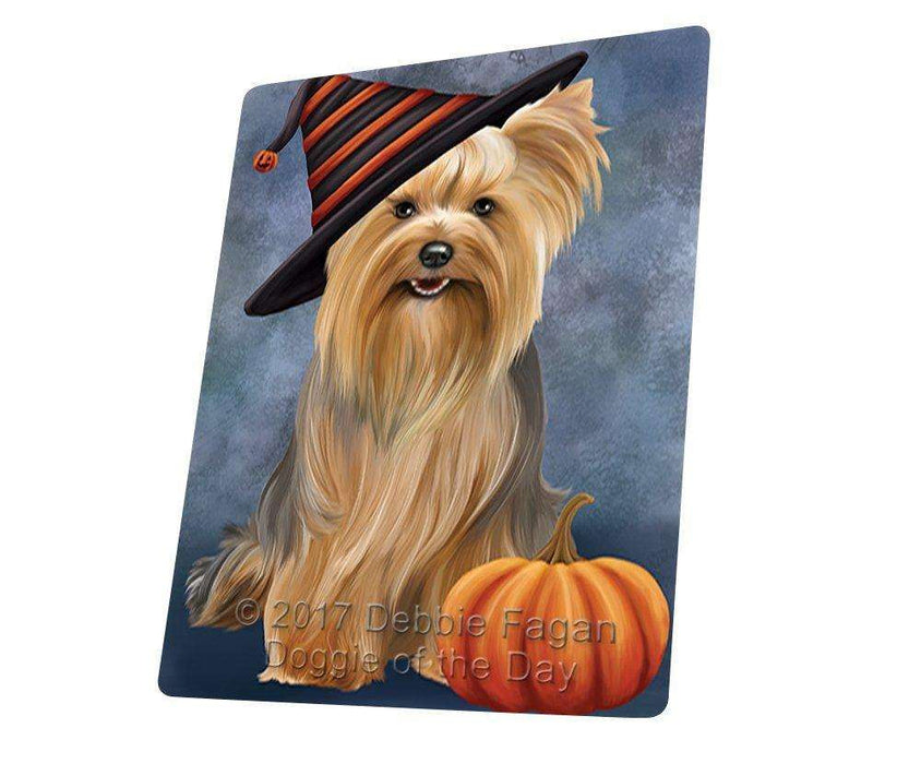 Happy Halloween Yorkshire Terrier Dog Wearing Witch Hat with Pumpkin Tempered Cutting Board