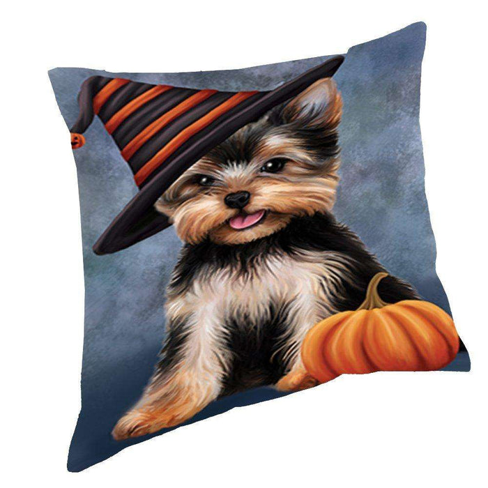 Happy Halloween Yorkshire Terrier Dog Wearing Witch Hat with Pumpkin Throw Pillow D257