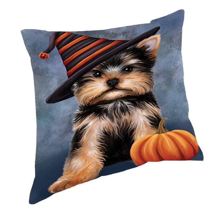 Happy Halloween Yorkshire Terrier Dog Wearing Witch Hat with Pumpkin Throw Pillow D259