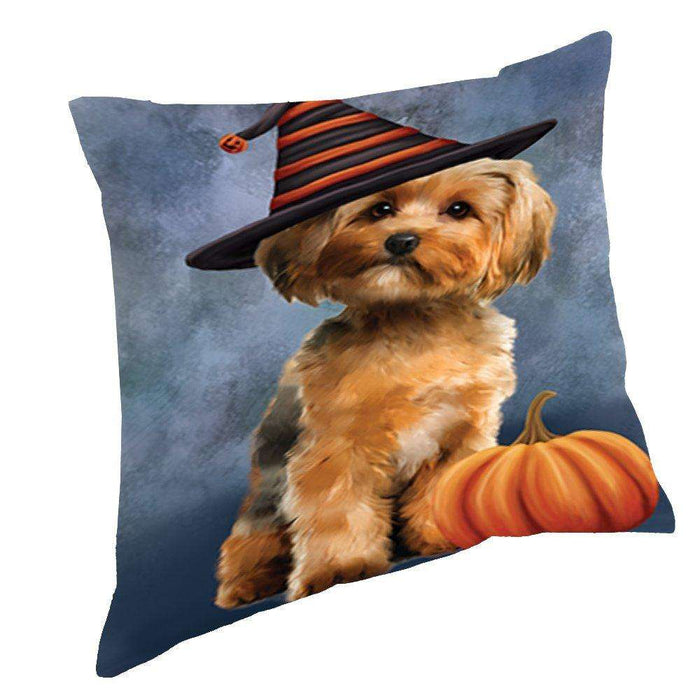 Happy Halloween Yorkshire Terrier Dog Wearing Witch Hat with Pumpkin Throw Pillow D263