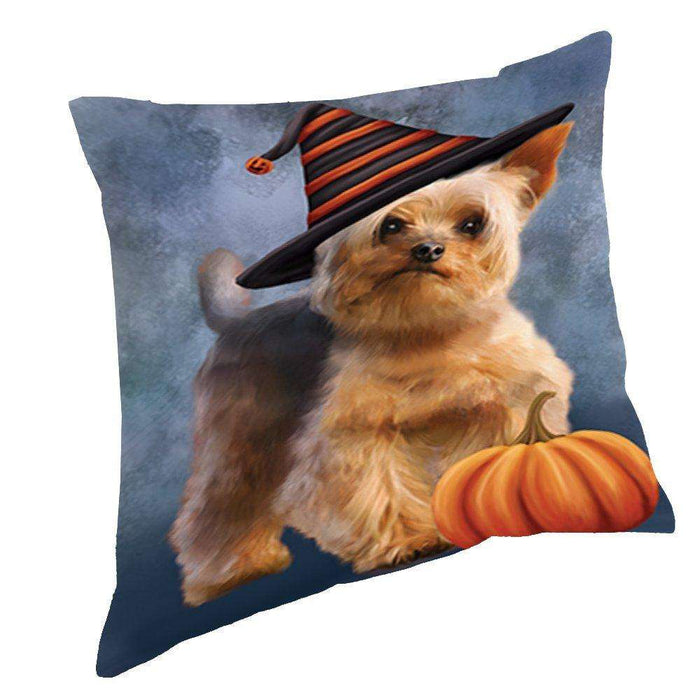 Happy Halloween Yorkshire Terrier Dog Wearing Witch Hat with Pumpkin Throw Pillow D265