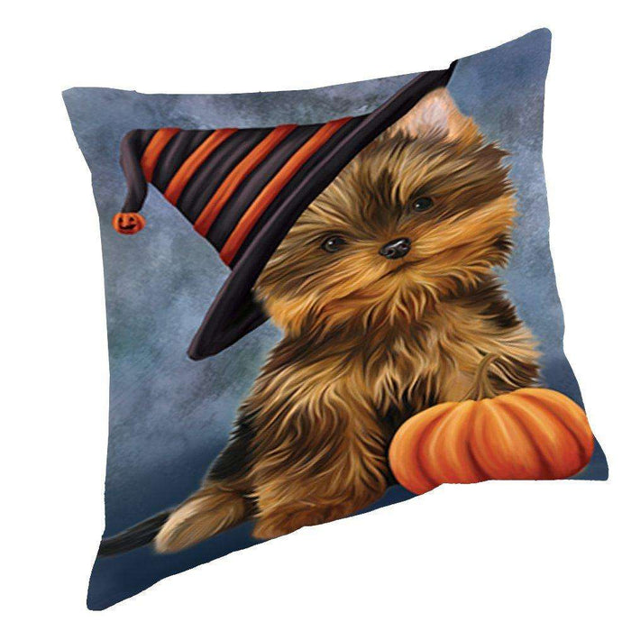 Happy Halloween Yorkshire Terrier Dog Wearing Witch Hat with Pumpkin Throw Pillow D267