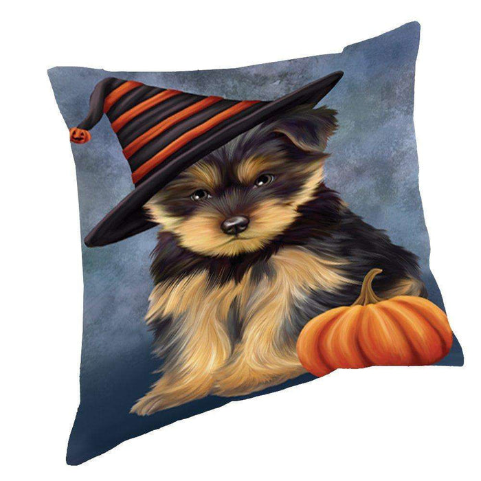Happy Halloween Yorkshire Terrier Dog Wearing Witch Hat with Pumpkin Throw Pillow