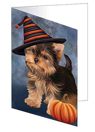 Happy Halloween Yorkshire Terrier Puppy Dog Wearing Witch Hat with Pumpkin Handmade Artwork Assorted Pets Greeting Cards and Note Cards with Envelopes for All Occasions and Holiday Seasons D188