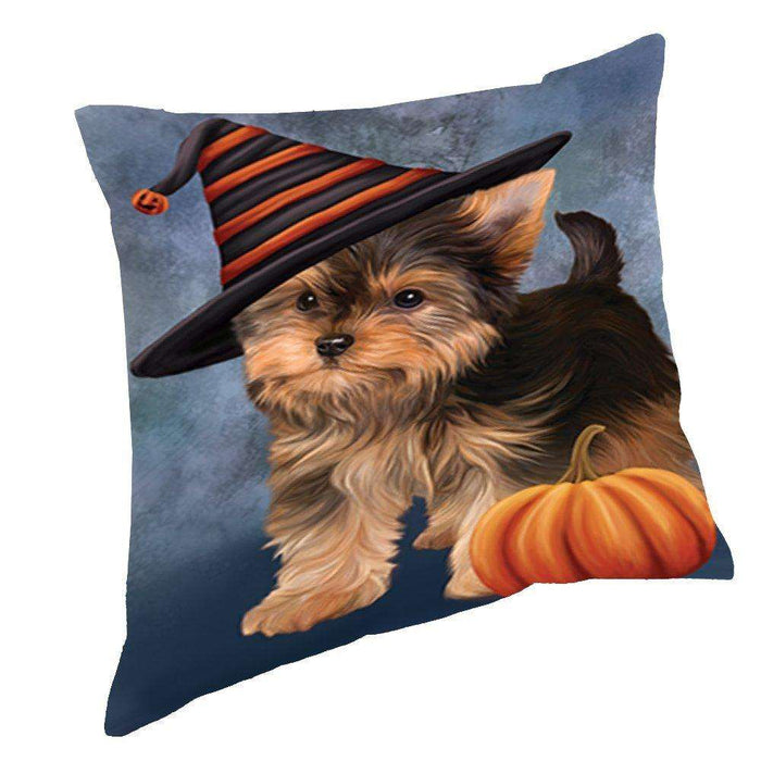 Happy Halloween Yorkshire Terrier Puppy Dog Wearing Witch Hat with Pumpkin Throw Pillow D261