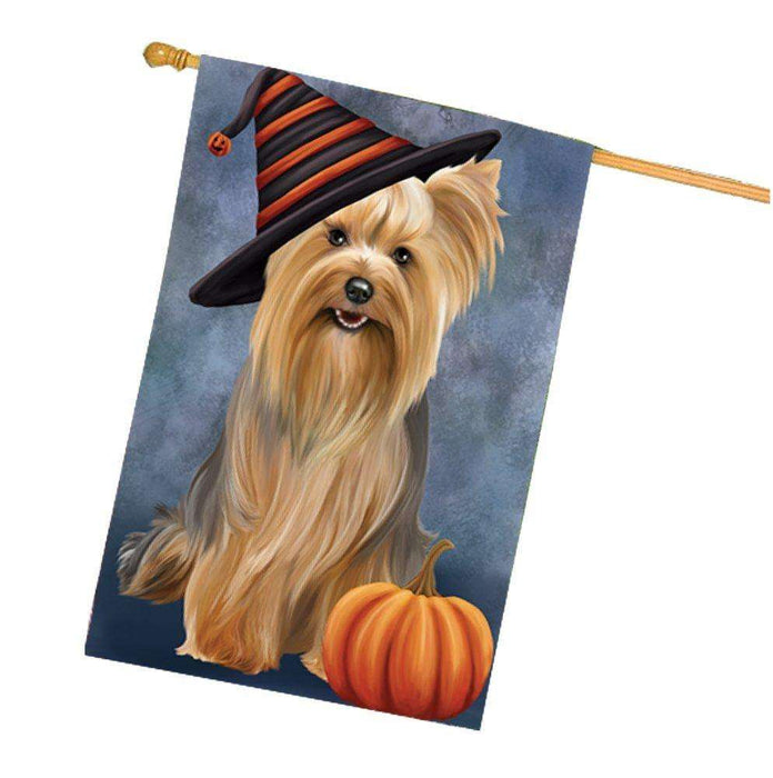Happy Halloween Yorkshire Terriers Dog Wearing Witch Hat with Pumpkin House Flag