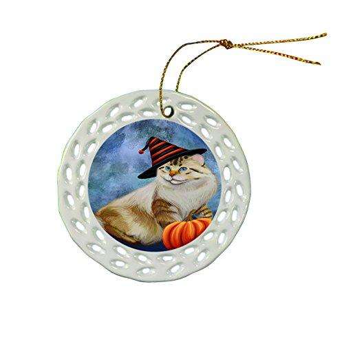 Happy Holidays American Bobtail Cat Wearing Witch Hat Christmas Round Porcelain Ornament POR013