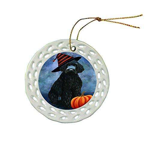 Happy Holidays Barbet Dog Wearing Witch Hat Christmas Round Porcelain Ornament POR022