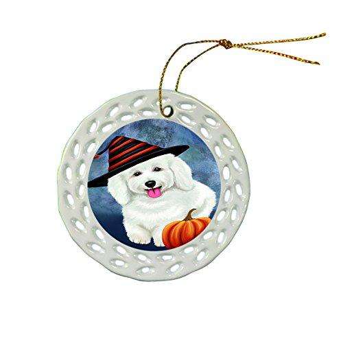 Happy Holidays Bichon Frise Dog Wearing Witch Hat Christmas Round Porcelain Ornament POR027