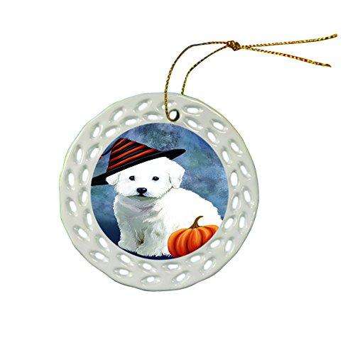 Happy Holidays Bichon Frise Dog Wearing Witch Hat Christmas Round Porcelain Ornament POR028
