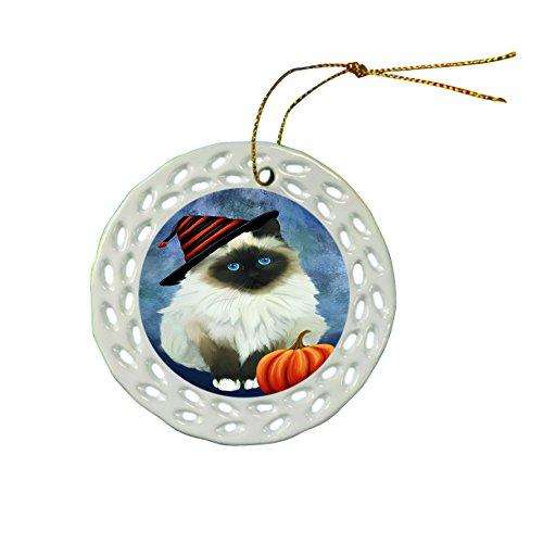 Happy Holidays Birman Cat Wearing Witch Hat Christmas Round Porcelain Ornament POR029
