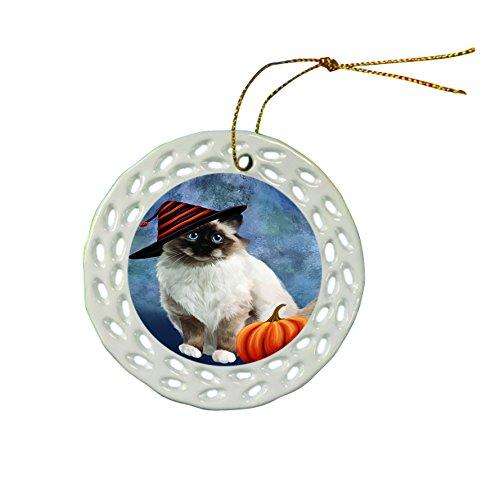 Happy Holidays Birman Cat Wearing Witch Hat Christmas Round Porcelain Ornament POR030