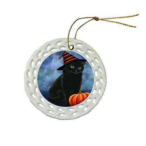 Happy Holidays Black Cat Wearing Witch Hat Christmas Round Porcelain Ornament POR031
