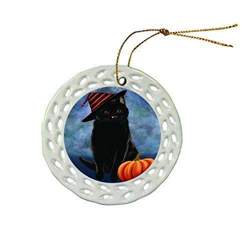 Happy Holidays Black Cat Wearing Witch Hat Christmas Round Porcelain Ornament POR032