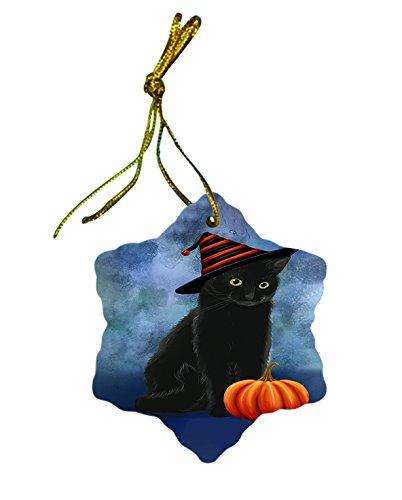Happy Holidays Black Cat Wearing Witch Hat Christmas Star Porcelain Ornament POR2354