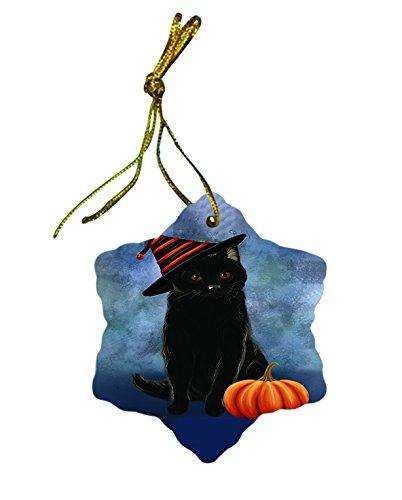 Happy Holidays Black Cat Wearing Witch Hat Christmas Star Porcelain Ornament POR2355