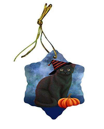 Happy Holidays Black Cat Wearing Witch Hat Christmas Star Porcelain Ornament POR2356