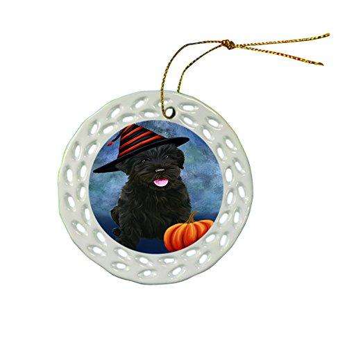 Happy Holidays Black Russian Terrier Dog Wearing Witch Hat Christmas Round Porcelain Ornament POR034