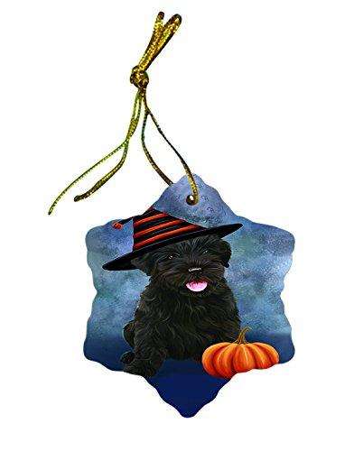 Happy Holidays Black Russian Terrier Dog Wearing Witch Hat Christmas Star Porcelain Ornament POR2357