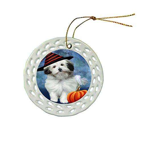 Happy Holidays Bolognese Dog Wearing Witch Hat Christmas Round Porcelain Ornament POR035