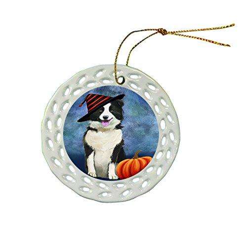 Happy Holidays Border Collie Dog Wearing Witch Hat Christmas Round Porcelain Ornament POR036