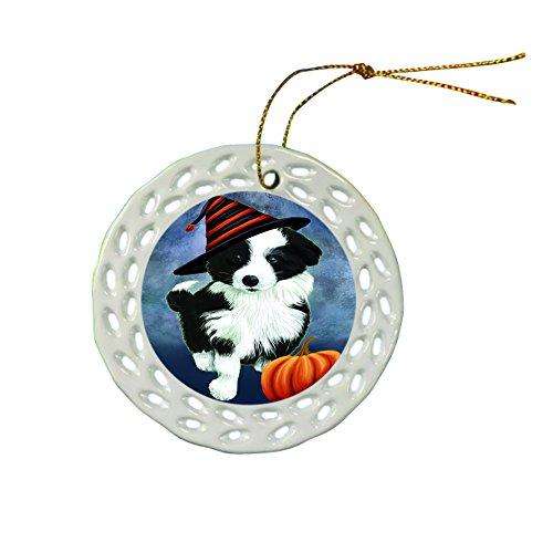 Happy Holidays Border Collie Dog Wearing Witch Hat Christmas Round Porcelain Ornament POR040
