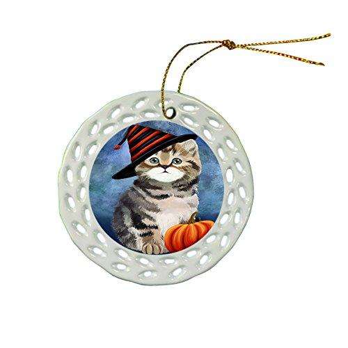 Happy Holidays British Shorthair Cat Wearing Witch Hat Christmas Round Porcelain Ornament POR042