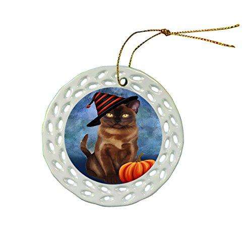 Happy Holidays Burmese Cat Wearing Witch Hat Christmas Round Porcelain Ornament POR043