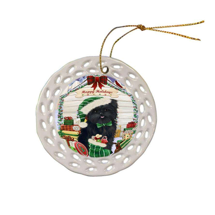 Happy Holidays Christmas Affenpinscher Dog House with Presents Ceramic Doily Ornament DPOR51293