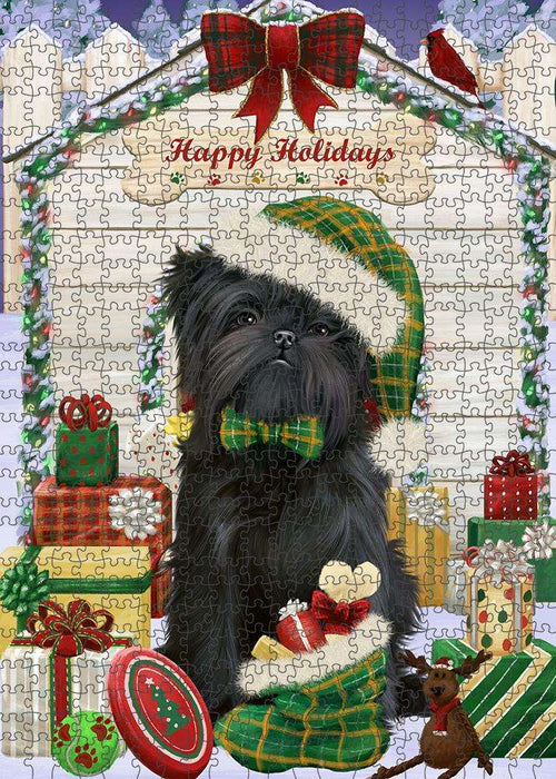 Happy Holidays Christmas Affenpinscher Dog House with Presents Puzzle with Photo Tin PUZL57738