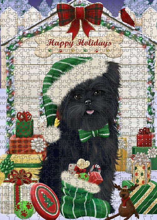 Happy Holidays Christmas Affenpinscher Dog House with Presents Puzzle with Photo Tin PUZL57741