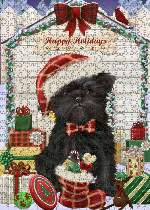 Happy Holidays Christmas Affenpinscher Dog House with Presents Puzzle with Photo Tin PUZL57744