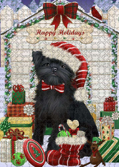 Happy Holidays Christmas Affenpinscher Dog House with Presents Puzzle with Photo Tin PUZL57747