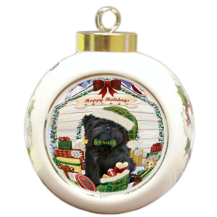 Happy Holidays Christmas Affenpinscher Dog House with Presents Round Ball Christmas Ornament RBPOR51292