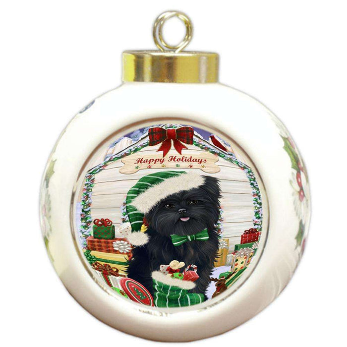 Happy Holidays Christmas Affenpinscher Dog House with Presents Round Ball Christmas Ornament RBPOR51293