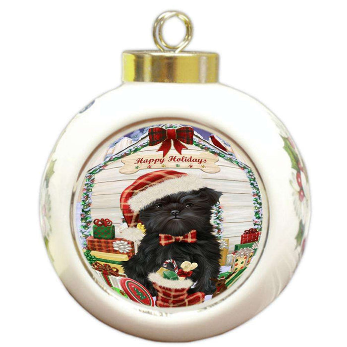 Happy Holidays Christmas Affenpinscher Dog House with Presents Round Ball Christmas Ornament RBPOR51294