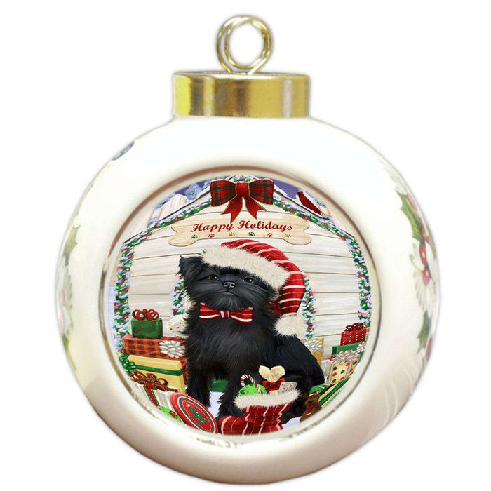 Happy Holidays Christmas Affenpinscher Dog House with Presents Round Ball Christmas Ornament RBPOR51295