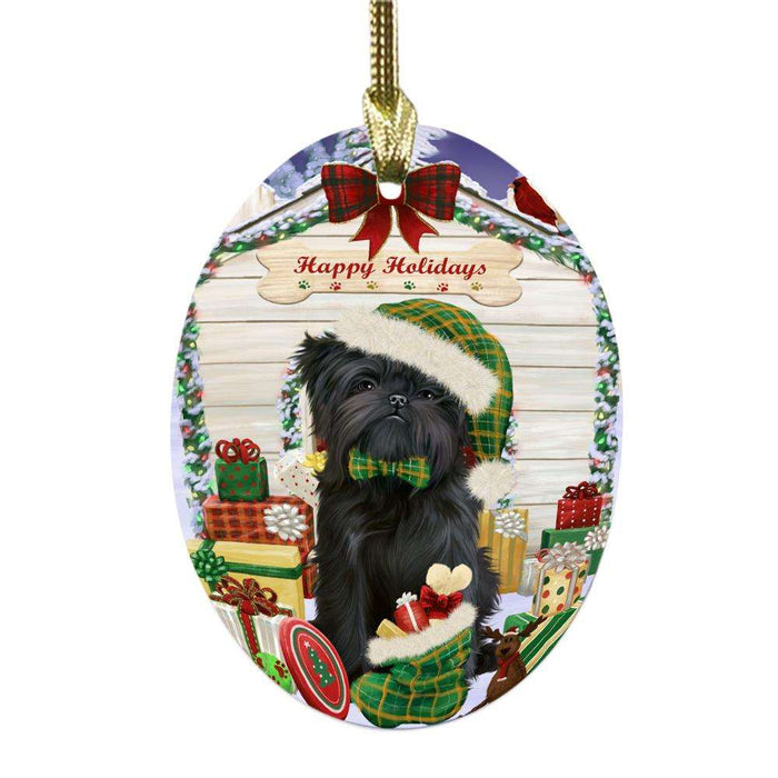 Happy Holidays Christmas Affenpinscher House With Presents Oval Glass Christmas Ornament OGOR49738