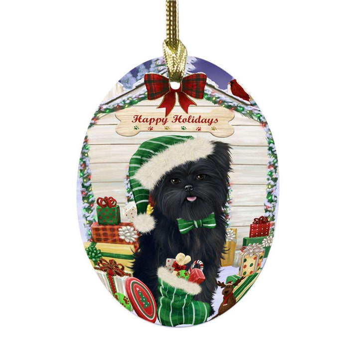 Happy Holidays Christmas Affenpinscher House With Presents Oval Glass Christmas Ornament OGOR49739