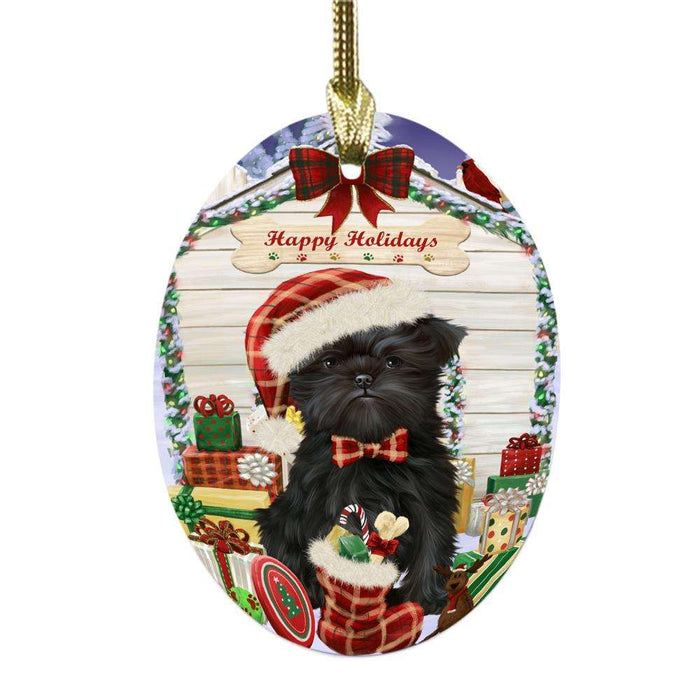 Happy Holidays Christmas Affenpinscher House With Presents Oval Glass Christmas Ornament OGOR49740