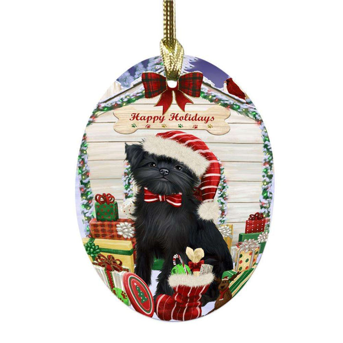 Happy Holidays Christmas Affenpinscher House With Presents Oval Glass Christmas Ornament OGOR49741