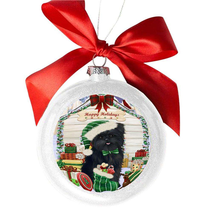 Happy Holidays Christmas Affenpinscher House With Presents White Round Ball Christmas Ornament WBSOR49739