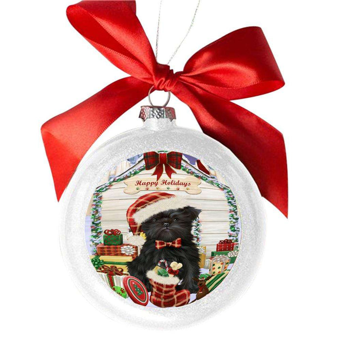 Happy Holidays Christmas Affenpinscher House With Presents White Round Ball Christmas Ornament WBSOR49740
