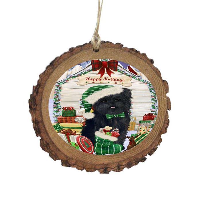 Happy Holidays Christmas Affenpinscher House With Presents Wooden Christmas Ornament WOR49739