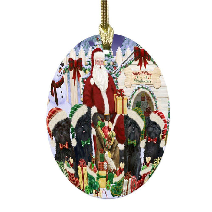 Happy Holidays Christmas Affenpinschers Dog House Gathering Oval Glass Christmas Ornament OGOR49671