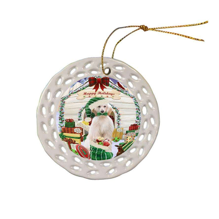 Happy Holidays Christmas Afghan Hound Dog With Presents Ceramic Doily Ornament DPOR52615