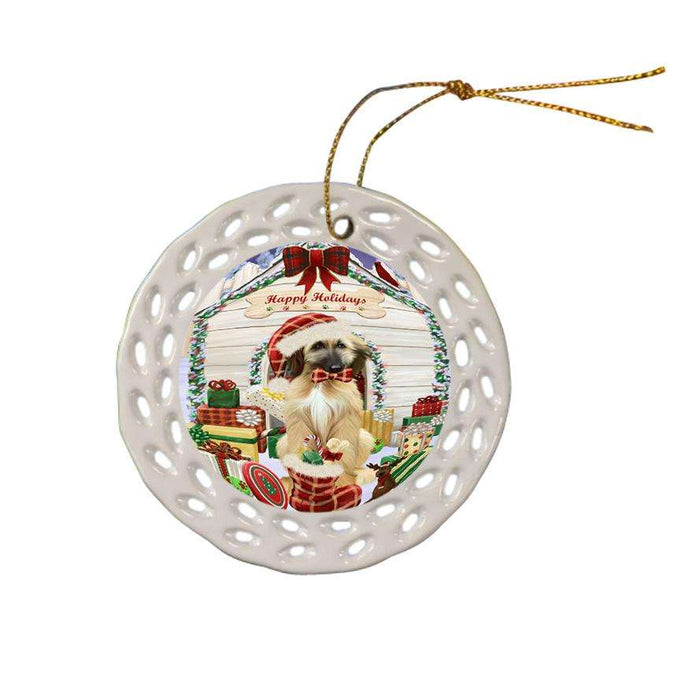 Happy Holidays Christmas Afghan Hound Dog With Presents Ceramic Doily Ornament DPOR52616